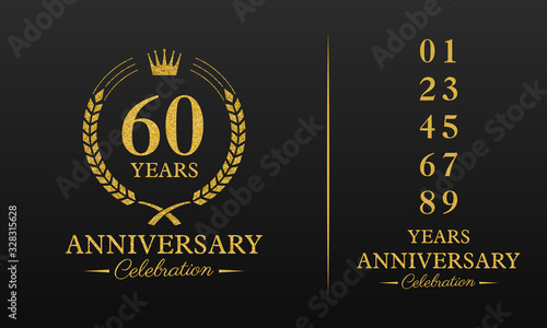 60 years golden glitter anniversary celebration badge, additional elements added for compilation any dates or years. Vector illustration.