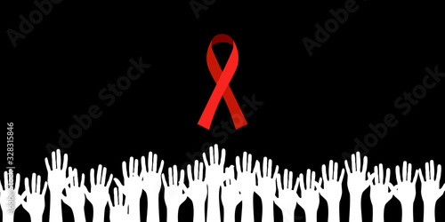 World Remembrance Day of AIDS Victims concept. Symbolic red ribbon and pale hands of people who died of this illness