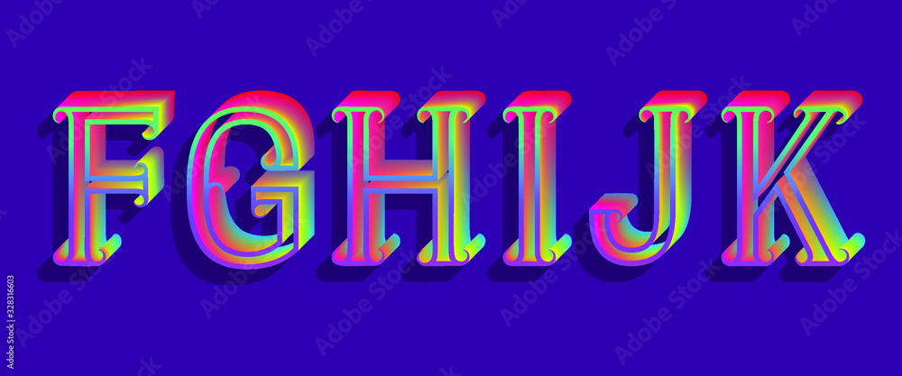 F, G, H, I, J, K iridescent letters. Vintage 3D font.