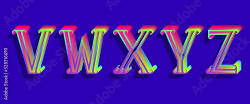 V, W, X, Y, Z iridescent letters. Vintage 3D font.