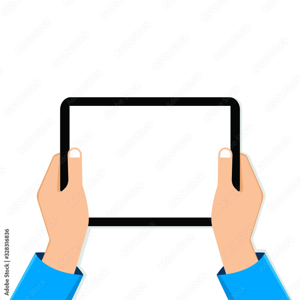 Tablet computer in hands on a white background. Tablet blank screen. Vector EPS 10