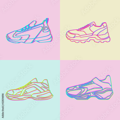 Set of sneakers vector Icon. Bright Neon Linear shoes on pink blue and yellow Background.Simple illustration of fitness and sport, gym shoe. Sign shop graphics