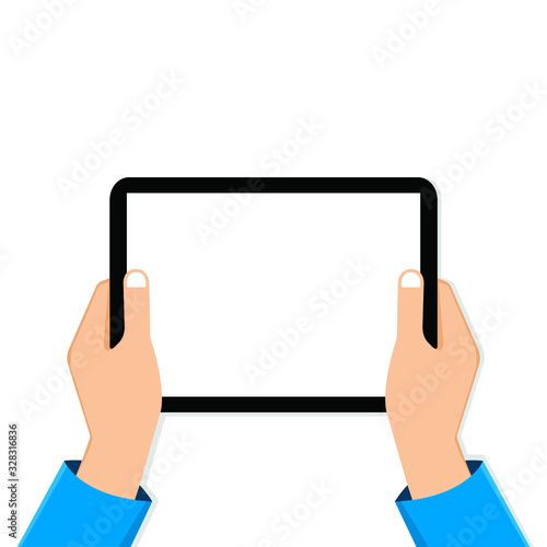 Tablet computer in hands on a white background. Tablet blank screen. Vector EPS 10