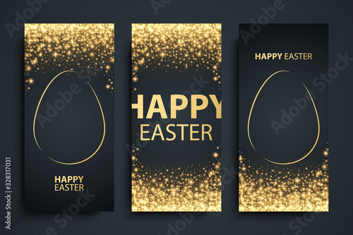 Happy Easter celebrate flyers set with gold easter egg and golden glittering sparks. Luxury holiday backgrounds. Vector illustration.