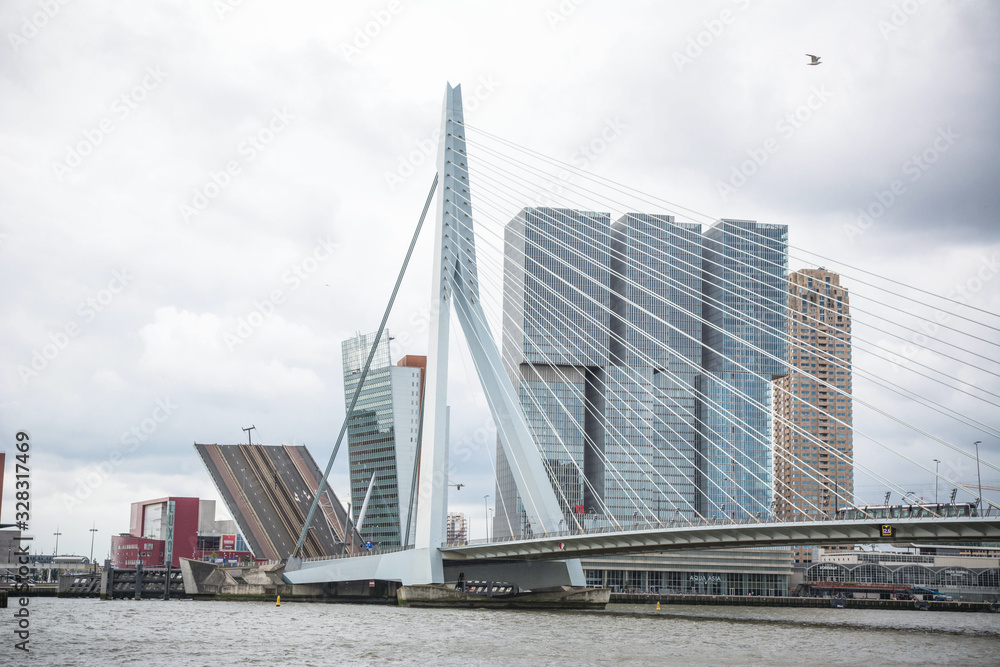 View to Erasmusbrug and a drawbridge behind it, Rotterdam View to Erasmusbrug and a drawbridge behind it, Rotterdam