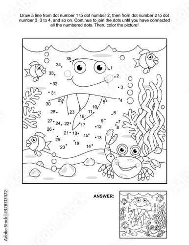 Connect the dots picture puzzle and coloring page, underwater life themed, with  jellyfish, fish, seabed, algae, crab. Answer included.