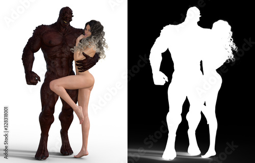 Beauty and the beast as imp and woman in struggle of opposites 3d render