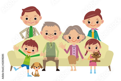 ソファに座る仲良し3世代家族