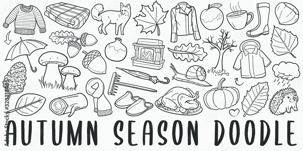 Autumn Season Fall Doodle Line Art Illustration. Hand Drawn Vector Clip Art. Banner Set Logos.