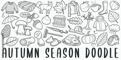 Autumn Season Fall Doodle Line Art Illustration. Hand Drawn Vector Clip Art. Banner Set Logos.