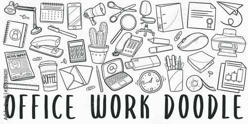 Office Work Doodle Line Art Illustration. Hand Drawn Vector Clip Art. Banner Set Logos.