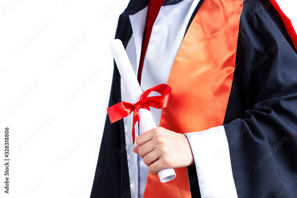 Graduation, Student holding a diploma in hand during the graduation success of the university, Concept education congratulations, Graduation Ceremony, In white background