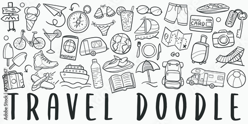 Time to Travel Doodle Line Art Illustration. Hand Drawn Vector Clip Art. Banner Set Logos.