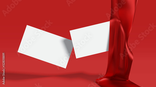 Business card mockup vector with 3d realistic red luxury satin cloth drape