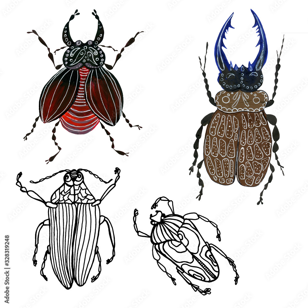 Set of color watercolor beetles isolated on a white background ...