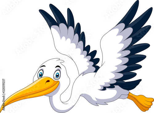 Cute cartoon stork is flying