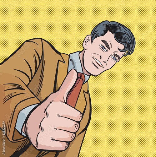 Angle of view from the bottom, Business people smile and raise their thumbs. Pop art retro illustration comic Style Vector.