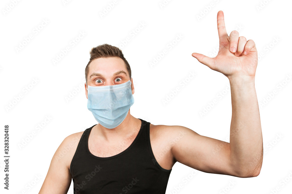 man wearing protective face mask prevent virus infection, pollution with idea pointing finger, white isolated background man wearing protective face mask prevent virus infection, pollution with idea pointing finger, white isolated background