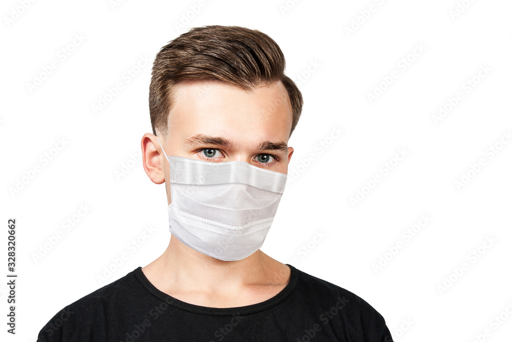 Sick guy looking at the camera with surprised medical mask. Virus protection during an influenza epidemic. corona virus Sick guy looking at the camera with surprised medical mask. Virus protection during an influenza epidemic. corona virus
