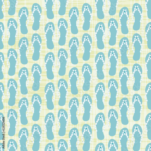 Flip flop shoe on seamless vector pattern background. Sandals with cowrie shell decoration on paint textured backdrop. Tonal blue and green. Summer all over print for beach wedding resort concept.