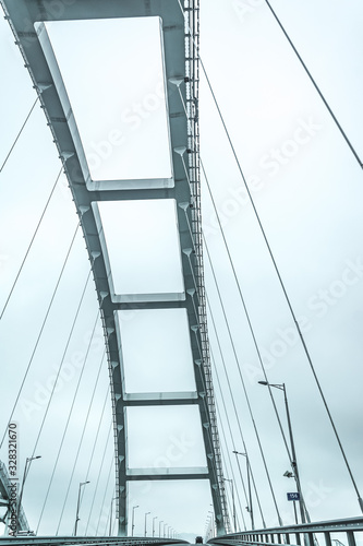 Steel structures of the Kerch bridge. Bottom view. Black and white image