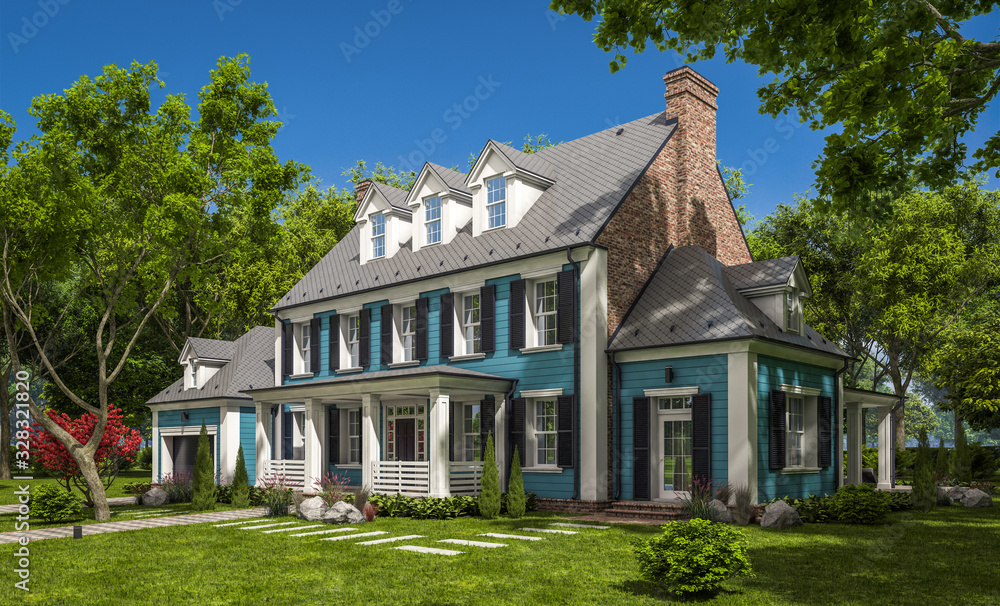 3d rendering of modern cozy classic house in colonial style with garage and pool for sale or rent with beautiful landscaping on background. Clear sunny summer day with blue sky.