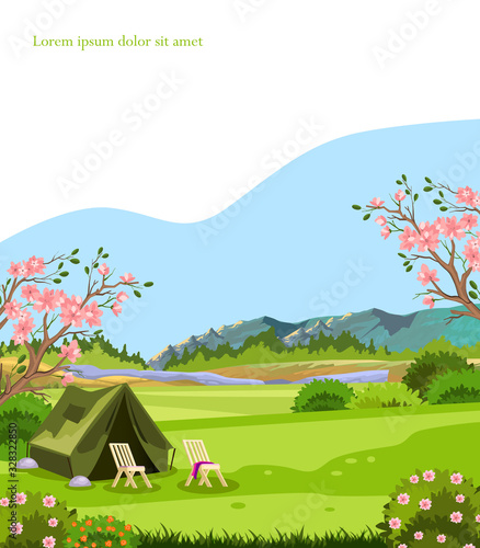 Vector spring banner with mountains, tent, trees in bloom, grass, chairs and bushes. Camping landscape in cartoon flat style with copy space. For recreation and tourism advertisements.