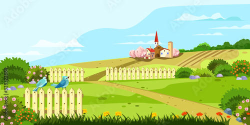 Horizontal rural landscape with hills, fences, footpath, birds, flowers, houses and blooming bushes. Spring garden with lawns in cartoon style. Village background for banners, posters, advertisements.