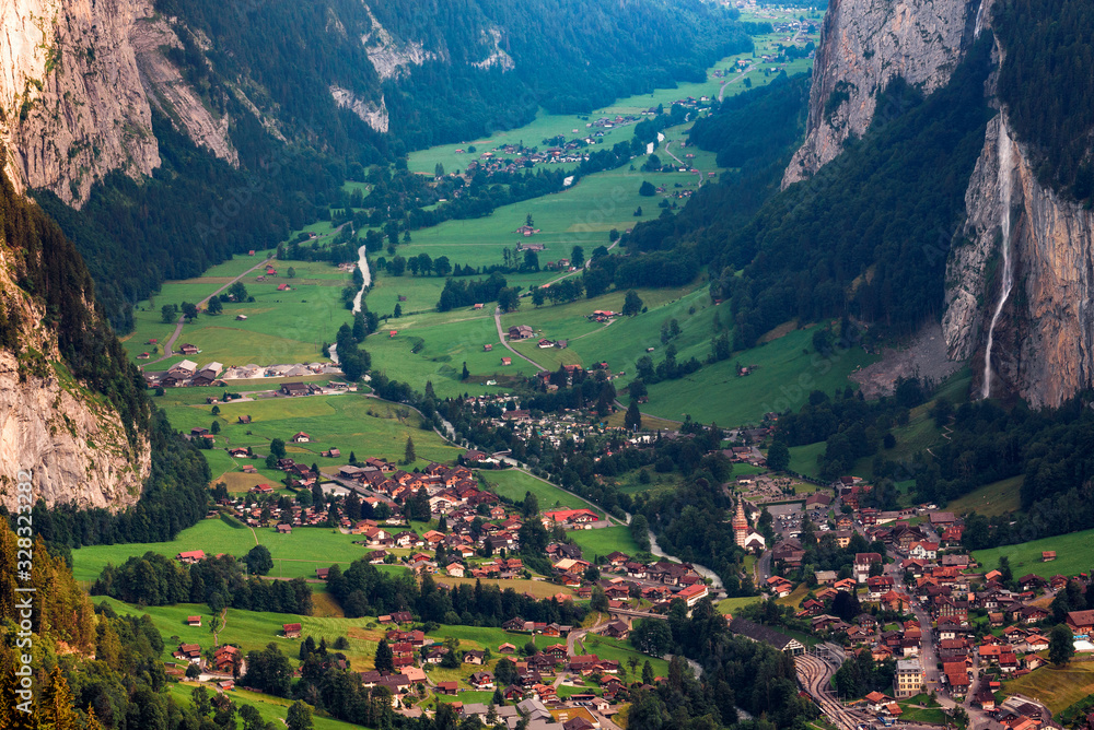 Lauterbrunnen valley in the Swiss Alps with an iconic waterfall