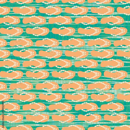 Flip flop shoe on seamless vector pattern background. Sandals with cowrie shell decoration on paint textured backdrop. Bright orange and green. Summer all over print for beach wedding resort concept.