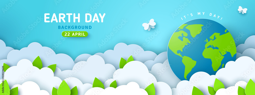 Earth Day banner or poster with paper cut clouds in blue sky. Background with green leaves, butterfly and globe. Vector illustration. Place for text. Earth Day banner or poster with paper cut clouds in blue sky. Background with green leaves, butterfly and globe. Vector illustration. Place for text.