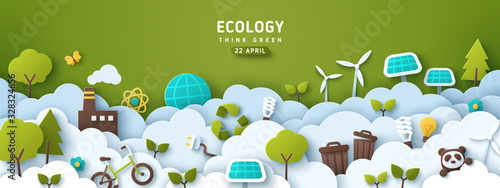 Plakat Earth Day banner, background with clouds and ecology icons in paper cut style. Vector illustration. Light bulbs, trees, wind turbine and solar panels. Place for text.