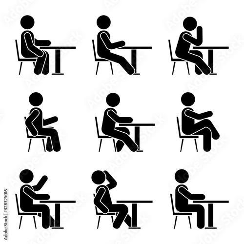 Sitting on chair at desk stick figure man side view poses pictogram vector icon set. Boy silhouette seated happy, comfy, sad, tired sign on white background