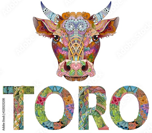 Bull in Spanish with bull head artwork illustration on the white background