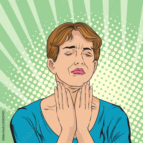 A woman with a sore throat, very painful, have to raise hands, rubbed and close your eyes. Pop art  retro vector illustration comic. Separate images of people from the background.