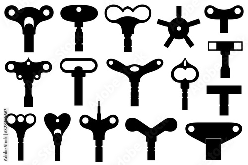 Set of different wind up keys isolated on white