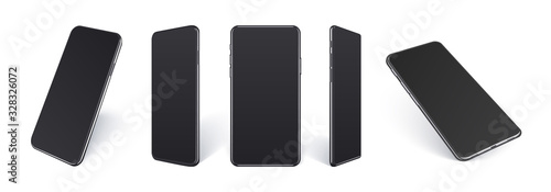 Realistic mobile phones mockup in different angles isolated, Perspective view cellular gadget with black empty screen isolated on white background for showing ui app design or website.