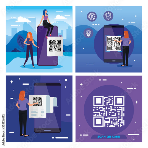 set poster of scan code qr with icons vector illustration design