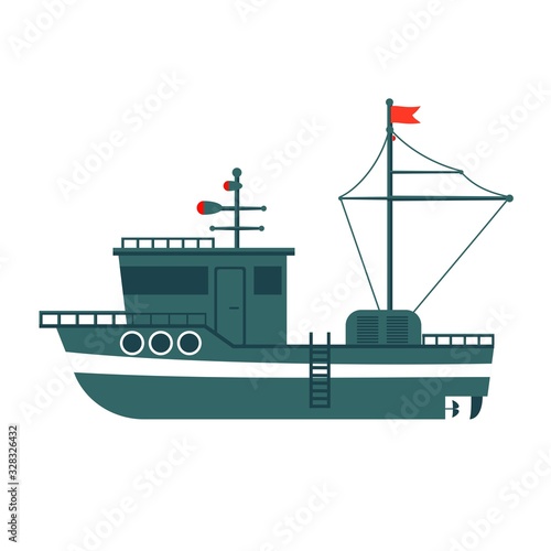 Commercial fishing boat side view isolated icon. Sea or ocean transportation, marine ship for industrial seafood production vector illustration in flat style.