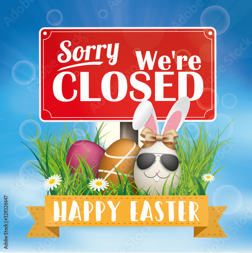 Blue Sky Happy Easter Sunglasses Hare Closed Eggs Ribbon Grass