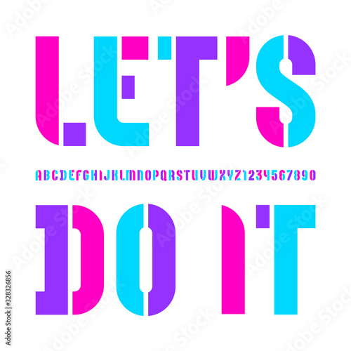 Stencil colorful font, condensed bold bright alphabet, modern geometric modular letters and numbers, book symbols for party or your design, vector illustration
