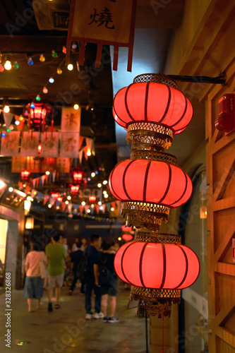 The red lanterns of the night market in China's urban streets