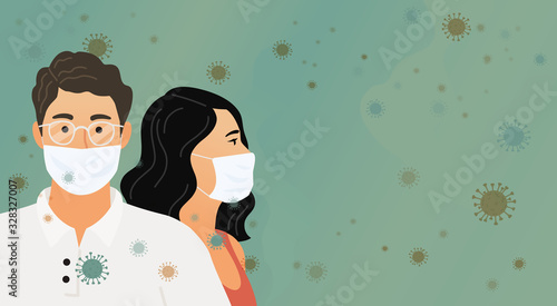 Coronavirus. 2019-nC0V. COVID-19. Wuhan Novel. Women and man in protective medical masks against a background of virus, bacteria and microorganisms. Flat vector illustration