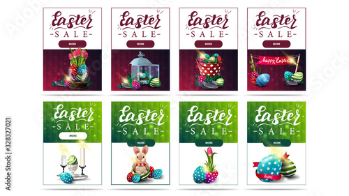 Easter sale, large collection vertical discount banners with Easter symbols, buttons and polygonal texture. Purple and green easter sale vertical templates