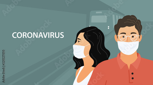 Coronavirus 2019-nC0V, COVID-19, Wuhan Novel. People in the subway in protective medical masks. Flat vector illustration