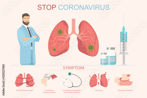 Stop coronavirus and symptoms of the disease, cough. CoVID-19 Virus outbreak spread. Breathing and examining the lungs.