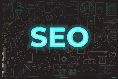 SEO icons set. Perfect line icons for seo, business and social media marketing with neon text SEO