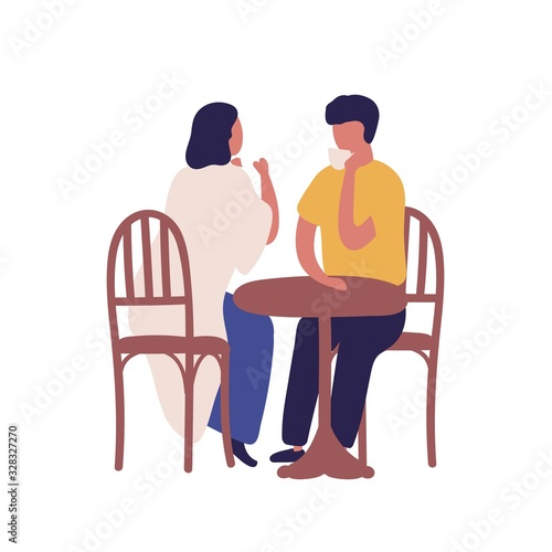 Cartoon couple drinking coffee together sitting at table isolated on white background