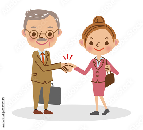 握手をするビジネスマン（シニア男性と若い女性）