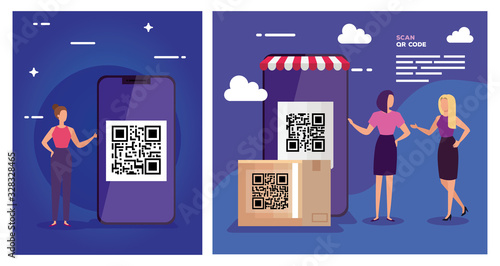 set poster of scan code qr with icons vector illustration design
